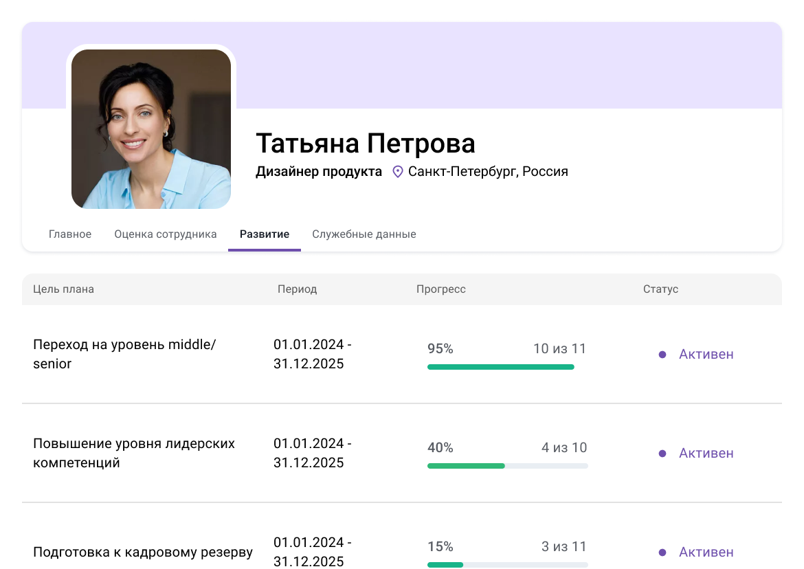 Все планы — на одной платформе и доступны в любой момент в профиле сотрудника